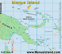 MAP showing MANUS ISLAND's location in Papua New Guinea - note North Australia on bottom left - CLICK FOR MAP ENLARGEMENT