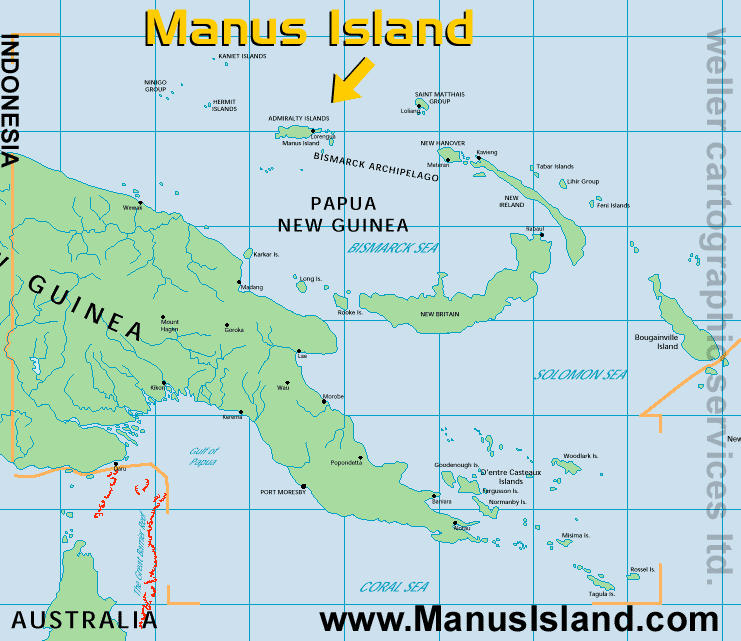 Map showing most of Papua New Guinea with Manus Island / Province to north and Austrailia's northern tip to south west