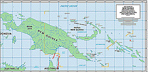 Map of Paua New Guinea:  Manus Island  north of mainland, Indonesia on the western half of New Guinea and Northern Australia to south west